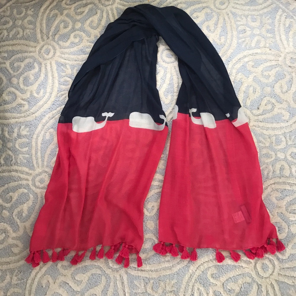 Vineyard Vines Navy, White & Coral Whale Tassel Scarf